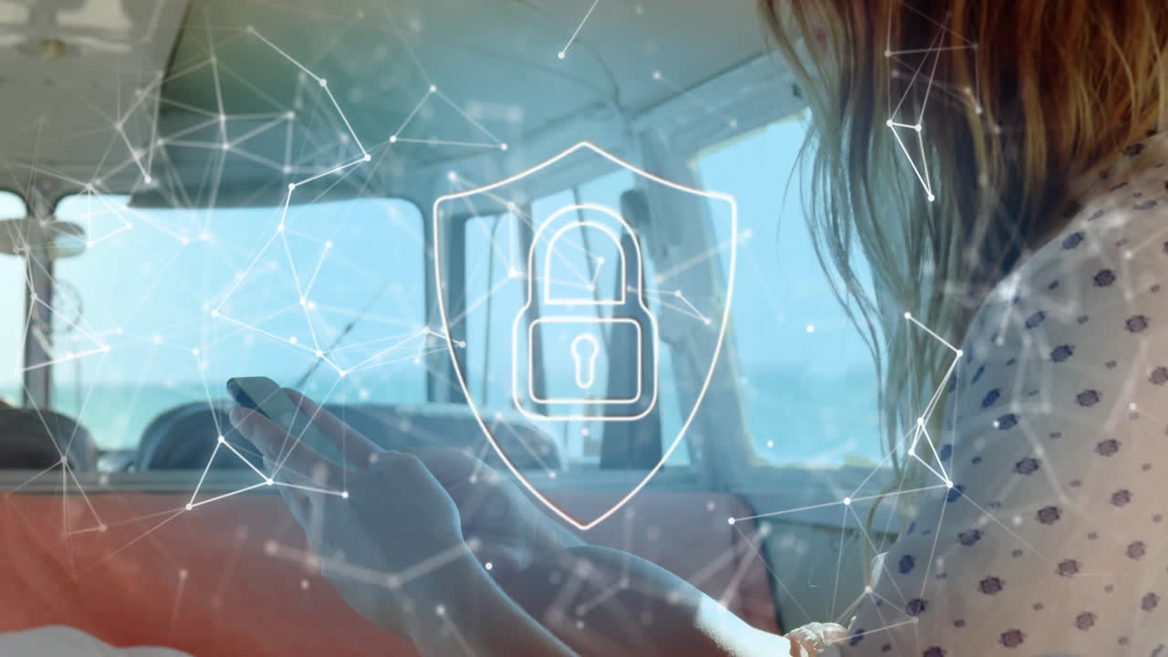 animación de la red de conexiones con candado sobre mujer caucásica usando teléfono inteligente
