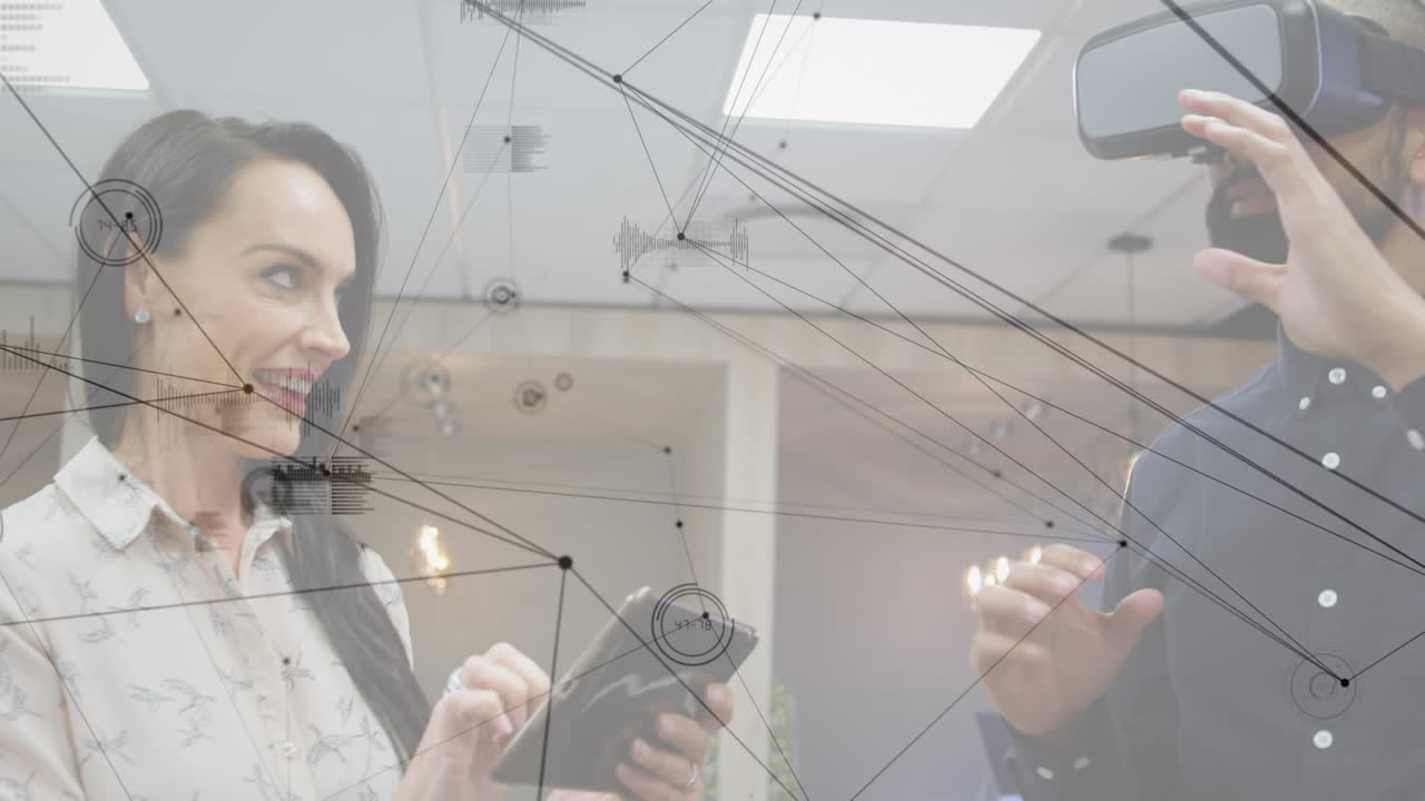 анимация сети соединений через бизнесмена с использованием vr-гарнитуры