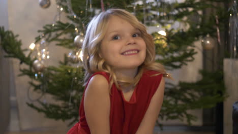 young girl gets her portrait photograph taken with excitement by the christmas tree