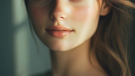 natural beauty shines through in this close up, showcasing a woman's delicate features and soft, natural makeup, emphasizing her lips and the gentle play of light on her skin