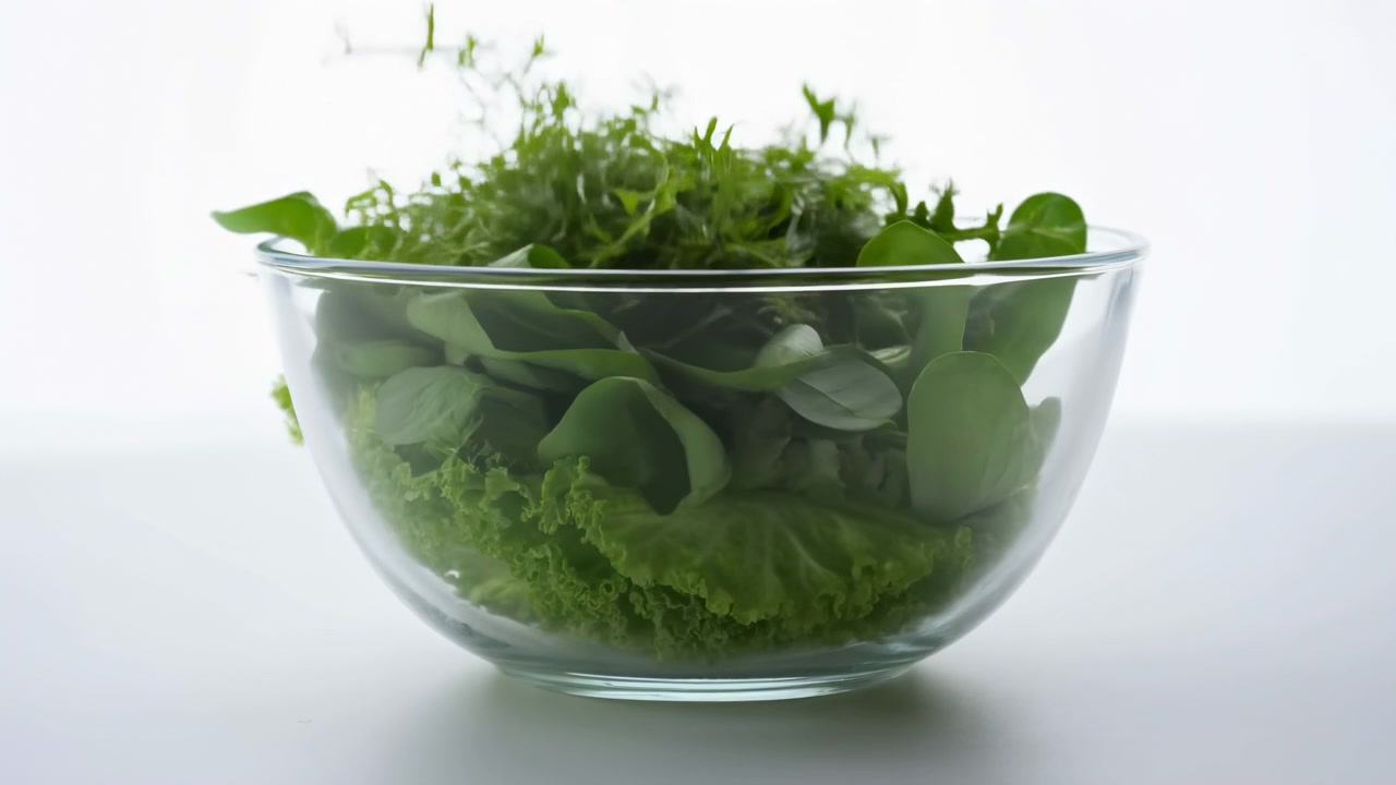 Foglie verdi fresche ed erbe delicate scendono in una ciotola di vetro trasparente su una superficie bianca, mostrando una stratificazione passo dopo passo, una pila crescente di ingredienti vivaci per insalata, un aspetto da studio pulito