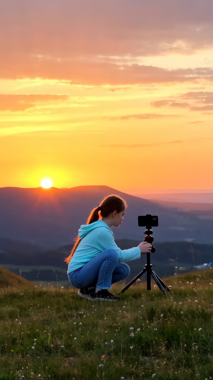 Young person filming a stunning sunset over mountains with a smartphone on a tripod