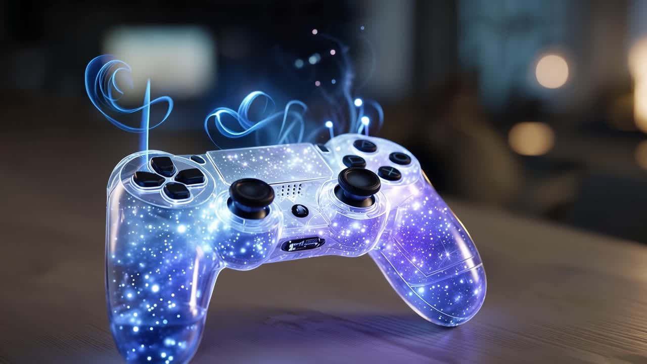 Gaming controller pulses with cosmic energy. Blue sparks swirl around its translucent form. Soft bokeh lights frame the wooden surface. This digital artifact invites fantasy and play
