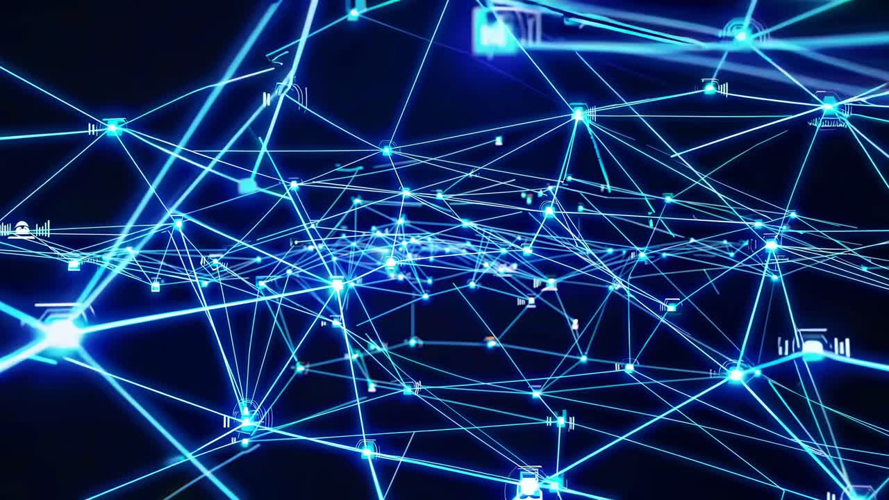 Dynamic low-angle video of interconnected blue neon lines forming a futuristic network