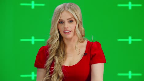 newsroom tv studio live news program with green screen background: female presenter reporting, talking. television cable channel anchorwoman. network broadcast mock-up playback with tracking markers