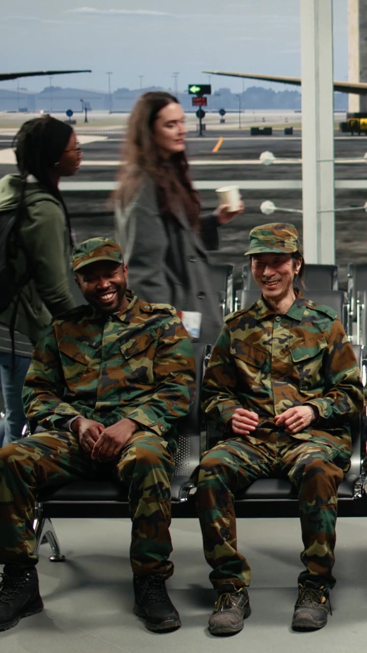 Video verticale: Soldati multietnici dell'esercito seduti su poltrone della lounge dell'aeroporto che chiacchierano.