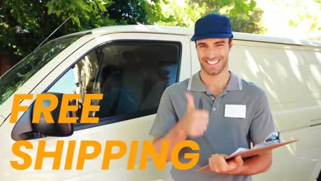 Animation-of-the-words-Free-Shipping-over-man-with-clipboard,-delivering-goods