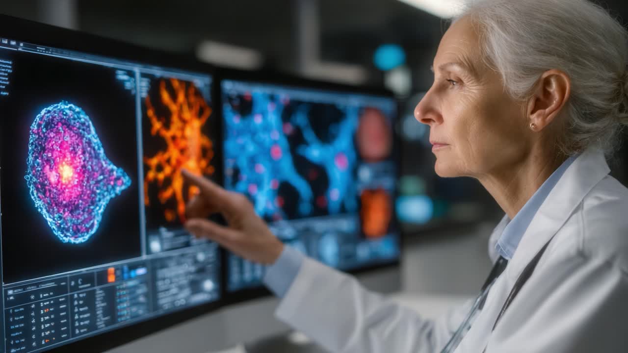 Un chercheur médical analyse des visualisations de données avancées sur des écrans d’ordinateur dans un environnement de laboratoire de pointe afin d’étudier les structures et les interactions cellulaires