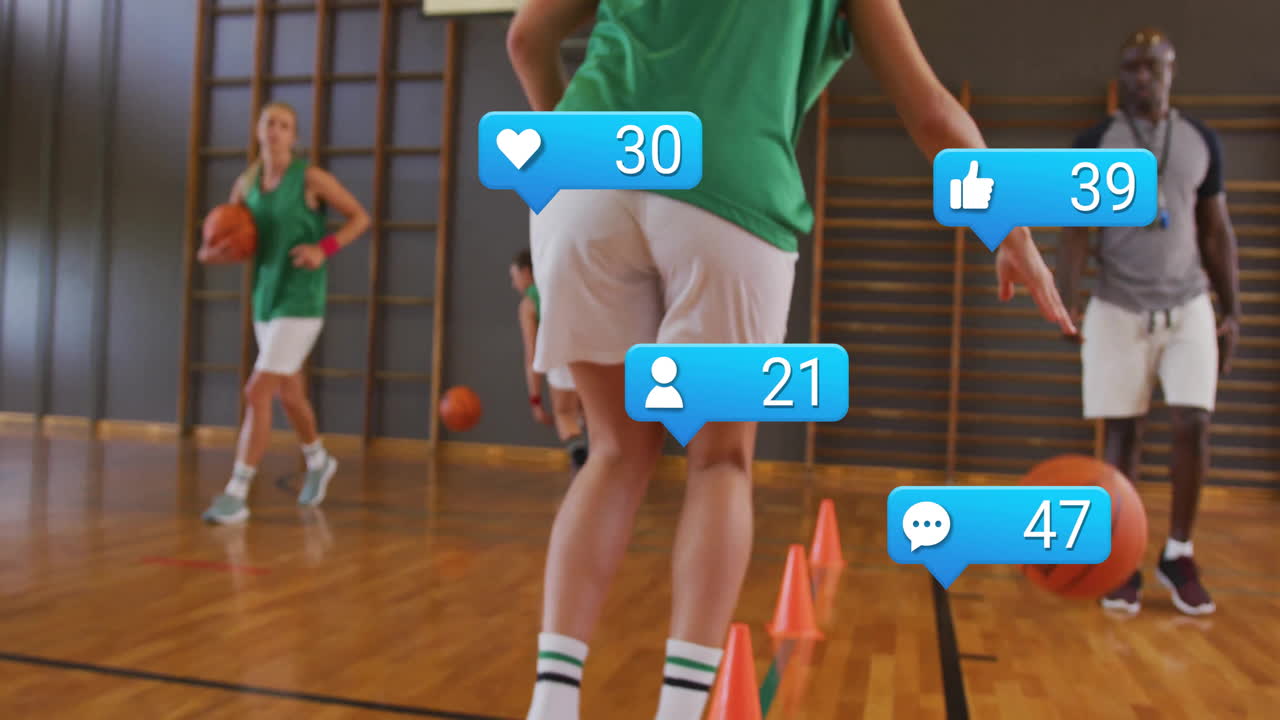 Practicing basketball in gym, players with animation of social media notifications