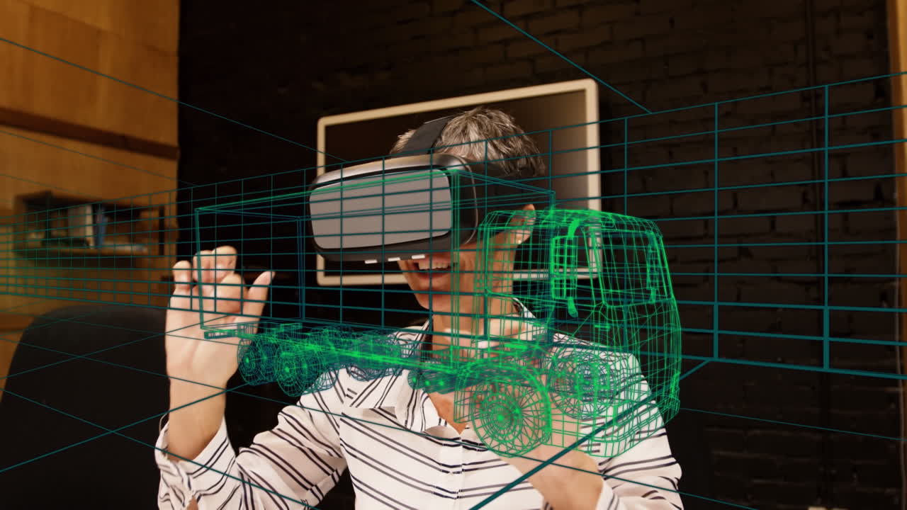 анимация цифрового 3d-рисунка машины над женщиной с помощью vr-гарнитуры