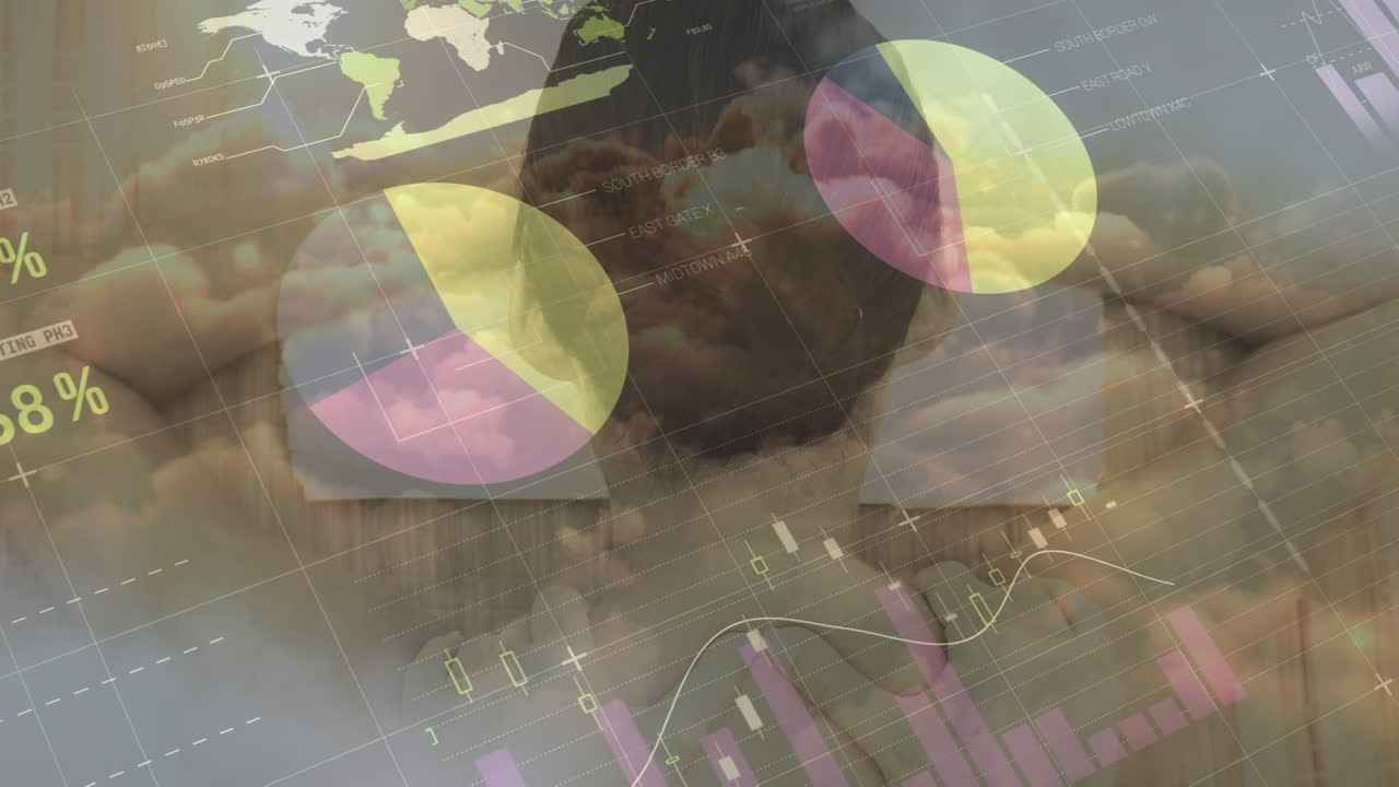 animación del procesamiento de datos financieros sobre un hombre caucásico recibiendo un masaje