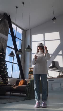 woman using vr headset in a modern living room