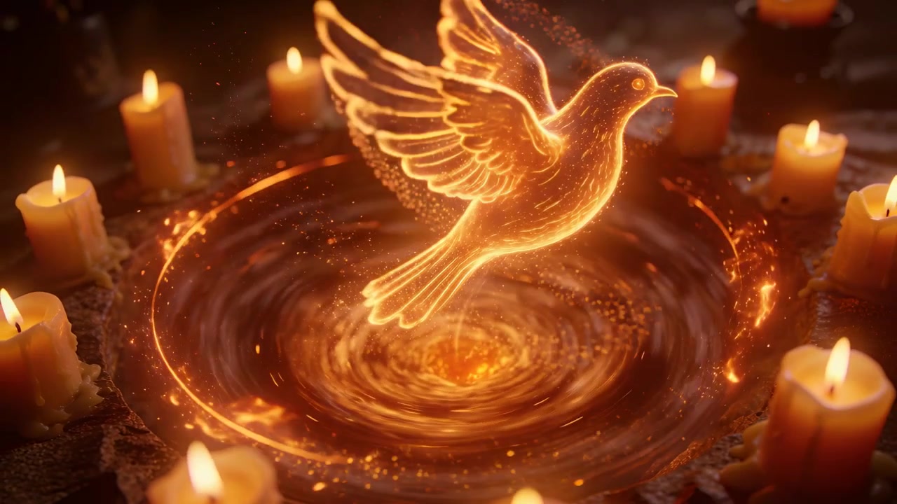 Forming ember bird rising from swirling basin for ritual summoning trailing halo and wax candles