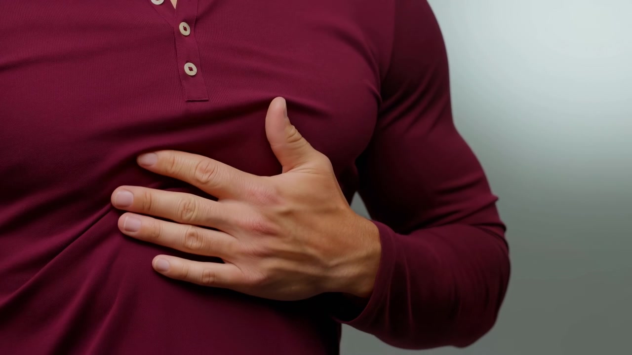 Cropped torso view shows one hand sliding upward across burgundy fabric from lower torso toward chest, while sleeve folds, plain gray backdrop, and soft even lighting remain visible.