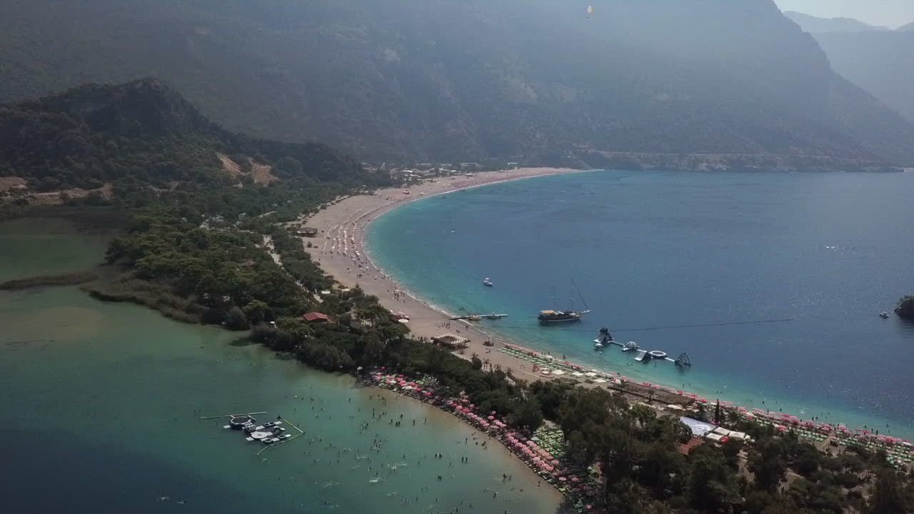 Aerial view of sand isthmus beach in southern Turkey Mediterranean Sea