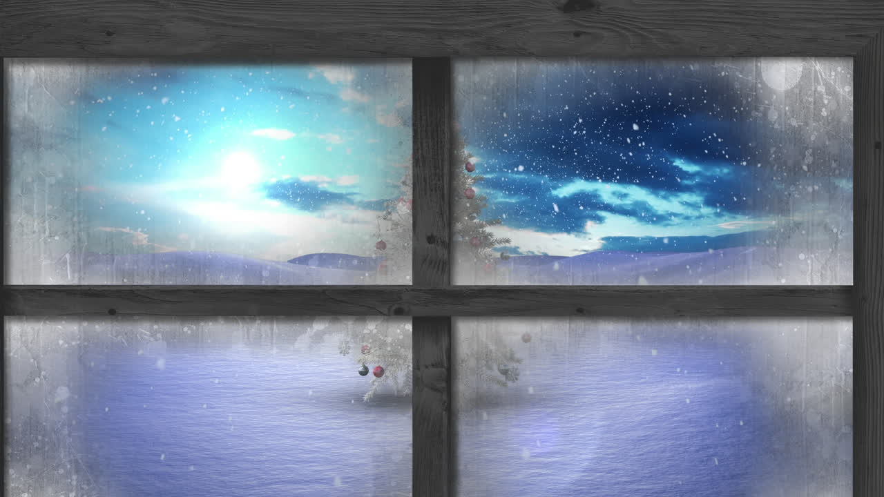 겨울 풍경에 크리스마스 트리 위에 내리는 눈에 대한 나무 창문 프레임