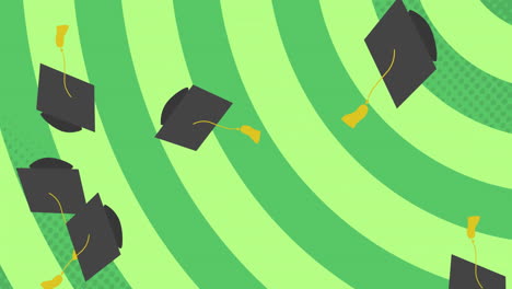 graduation caps with tassels animation over green spiral background
