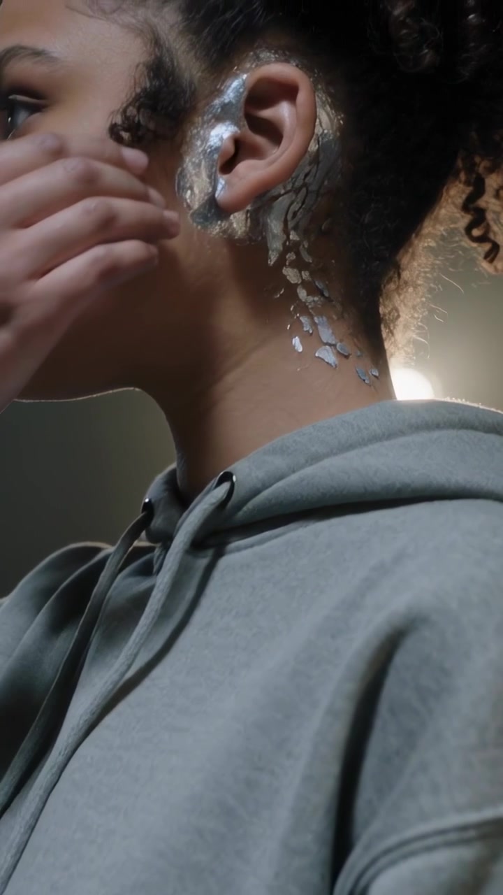 Vertical video: Turning, woman in hoodie adding silver leaf with glue and hand for art in studio