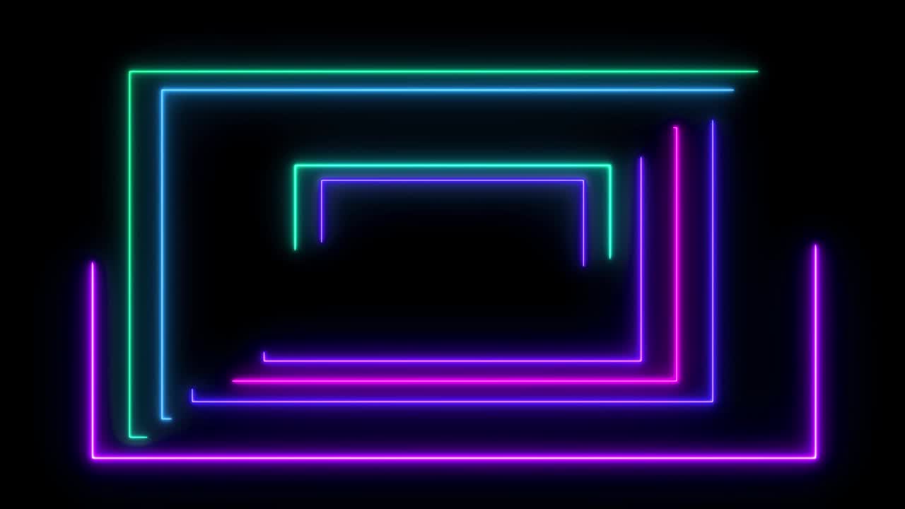 추상적인 스타일의 80년대 sf, 검은색 배경에 빛나는 네온 프레임, 레이저 쇼, 루프 애니메이션, 4k 비디오