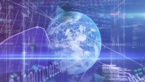 animation of statistical and stock market data processing over globe against blue background