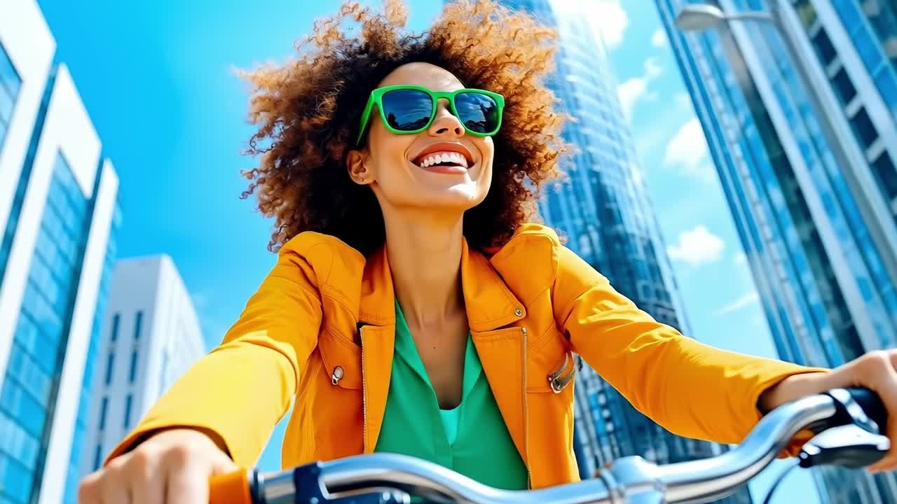 A woman riding a bike in the city with a smile on her face