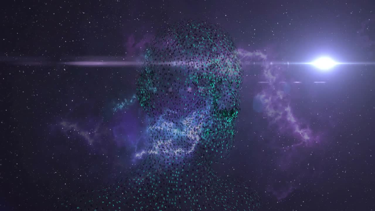 Partículas aparecendo no espaço formando uma cabeça digital giratória e depois se dispersando, mostrando o ciclo cósmico.