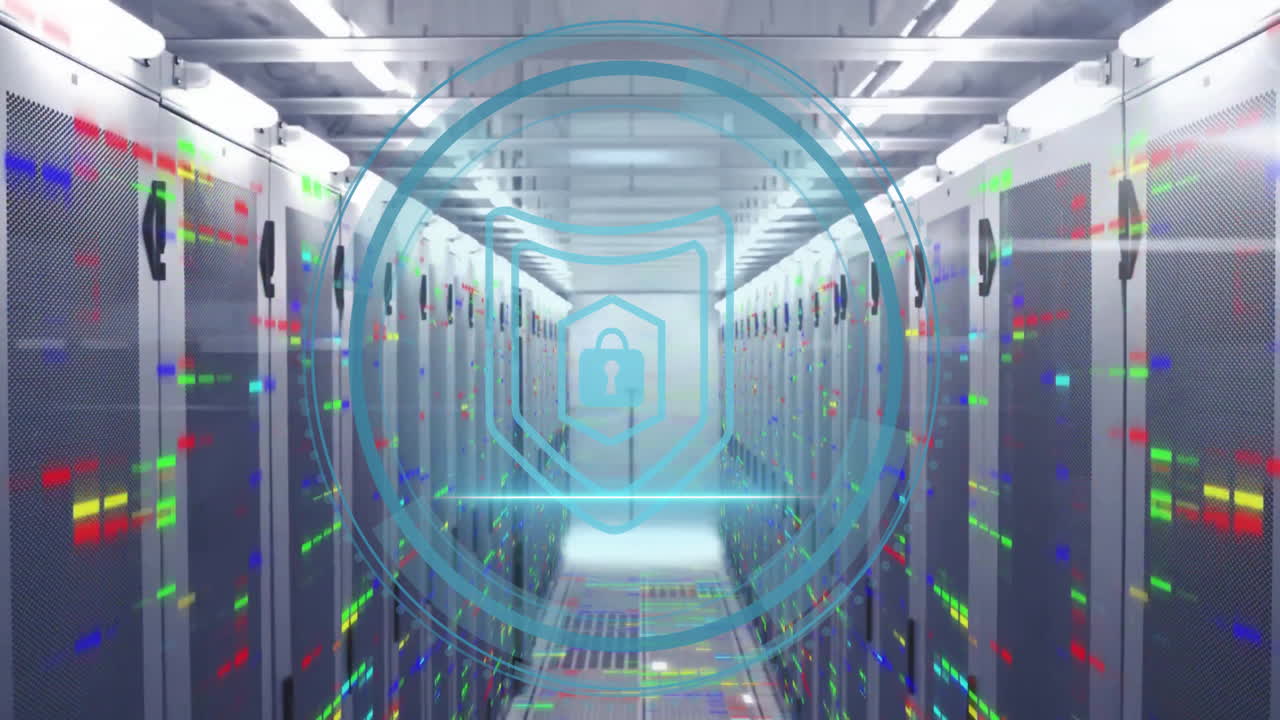 Animation of cyber security text with digital data processing over computer servers