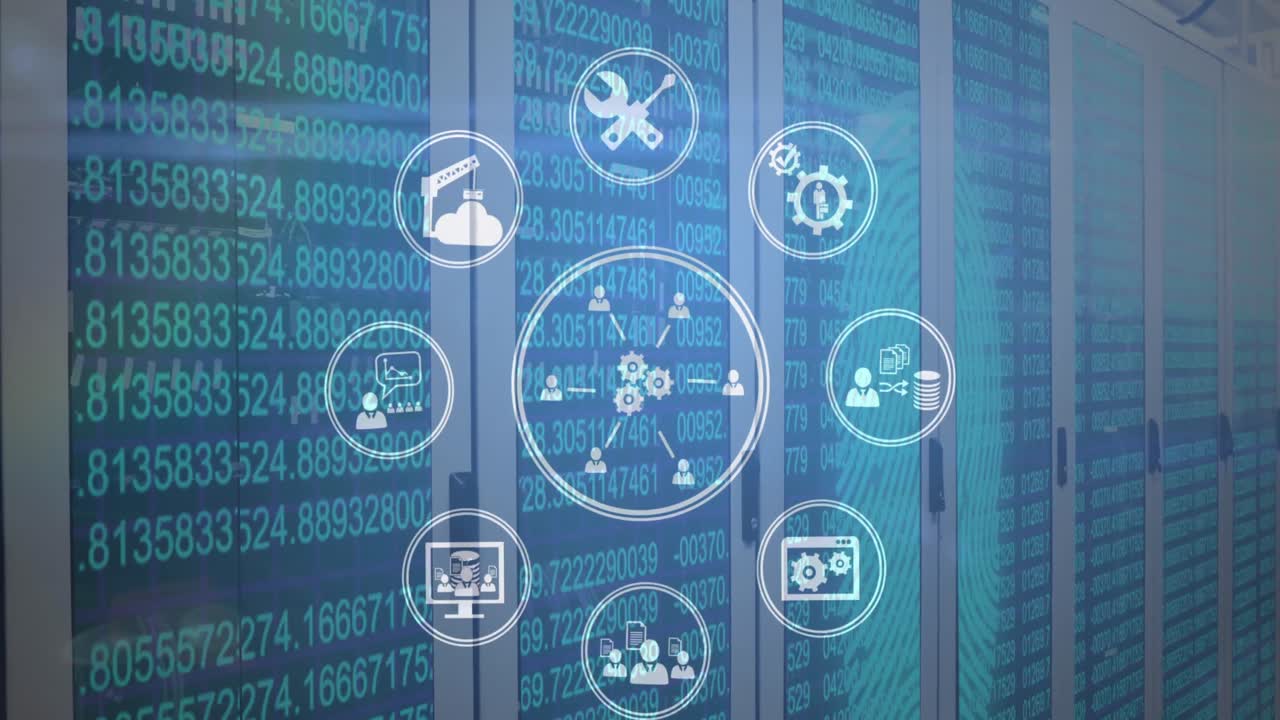 animación de múltiples círculos blancos con iconos sociales en ellos sobre la sala de pantallas