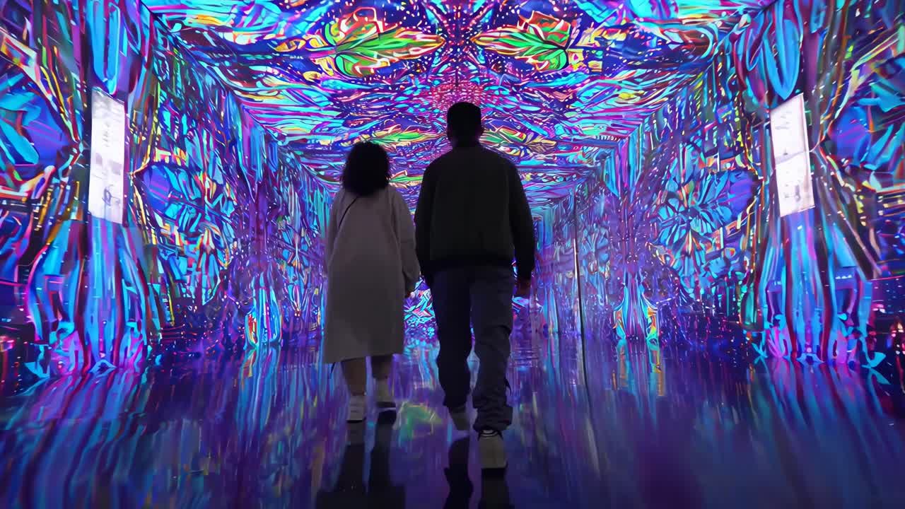Couple Walking Through Vibrant Immersive Digital Art Tunnel