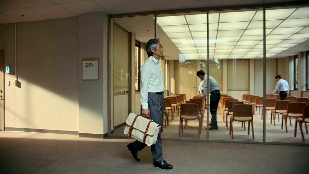 Entrando da sinistra, un uomo anziano asiatico cammina con una borsa color cuoio verso una riunione, mentre il personale sistema le sedie vicino alla vetrata.