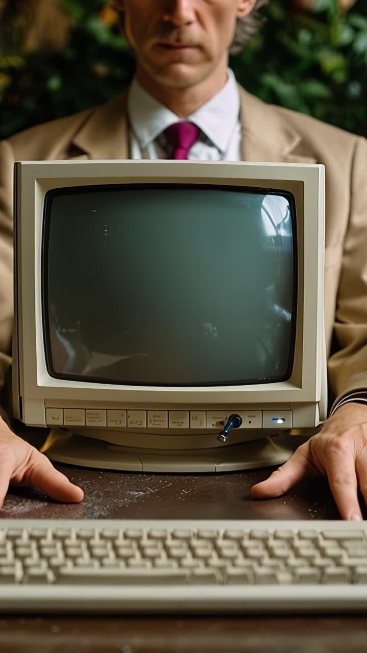 A Business Professional Holding an Old Computer Monitor While Sitting at a Desk in a Green Indoor Environment: A Reflection on Technology and Nostalgia