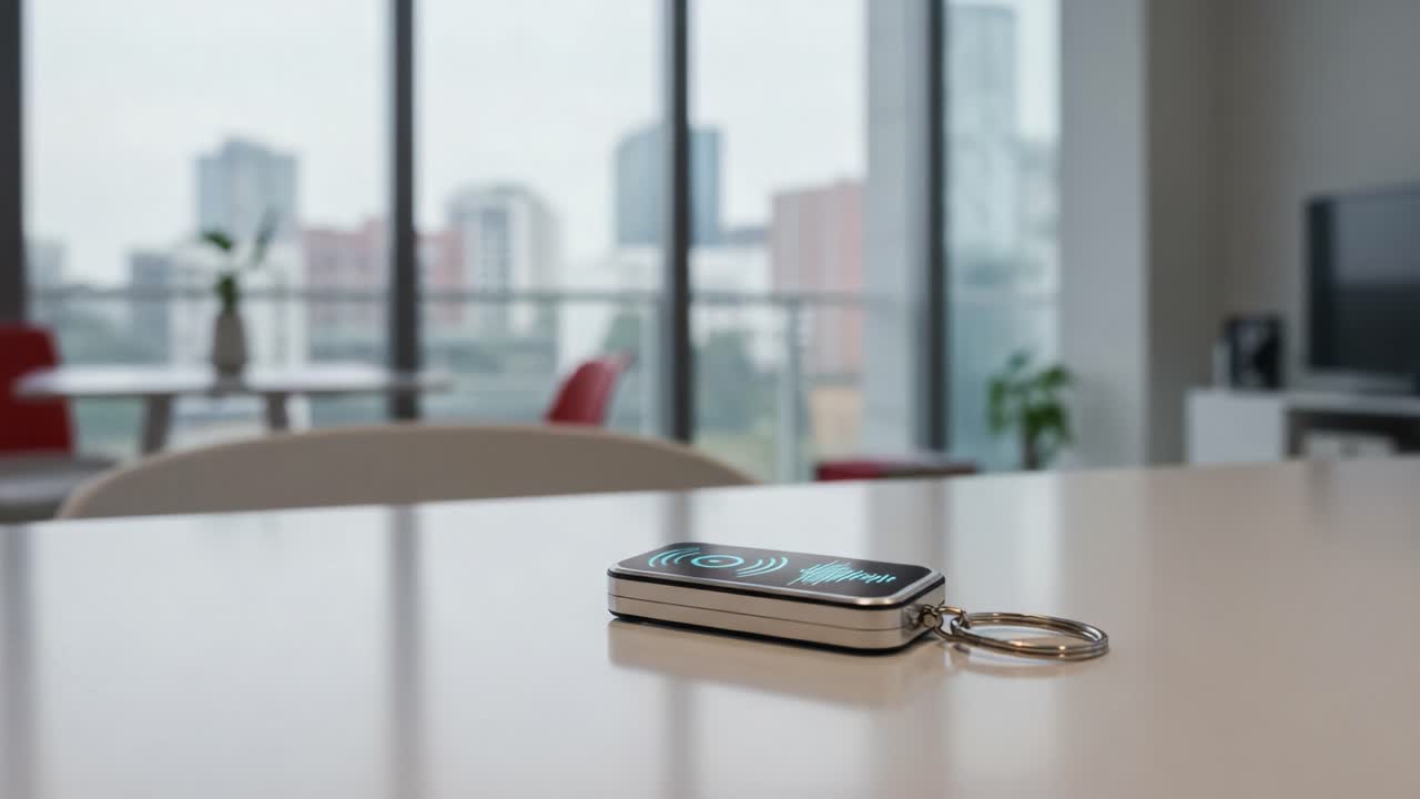 Un portachiavi elegante e moderno è appoggiato con stile su un tavolo bianco, mostrando un display vivace con icone wireless, su uno sfondo interno urbano alla moda