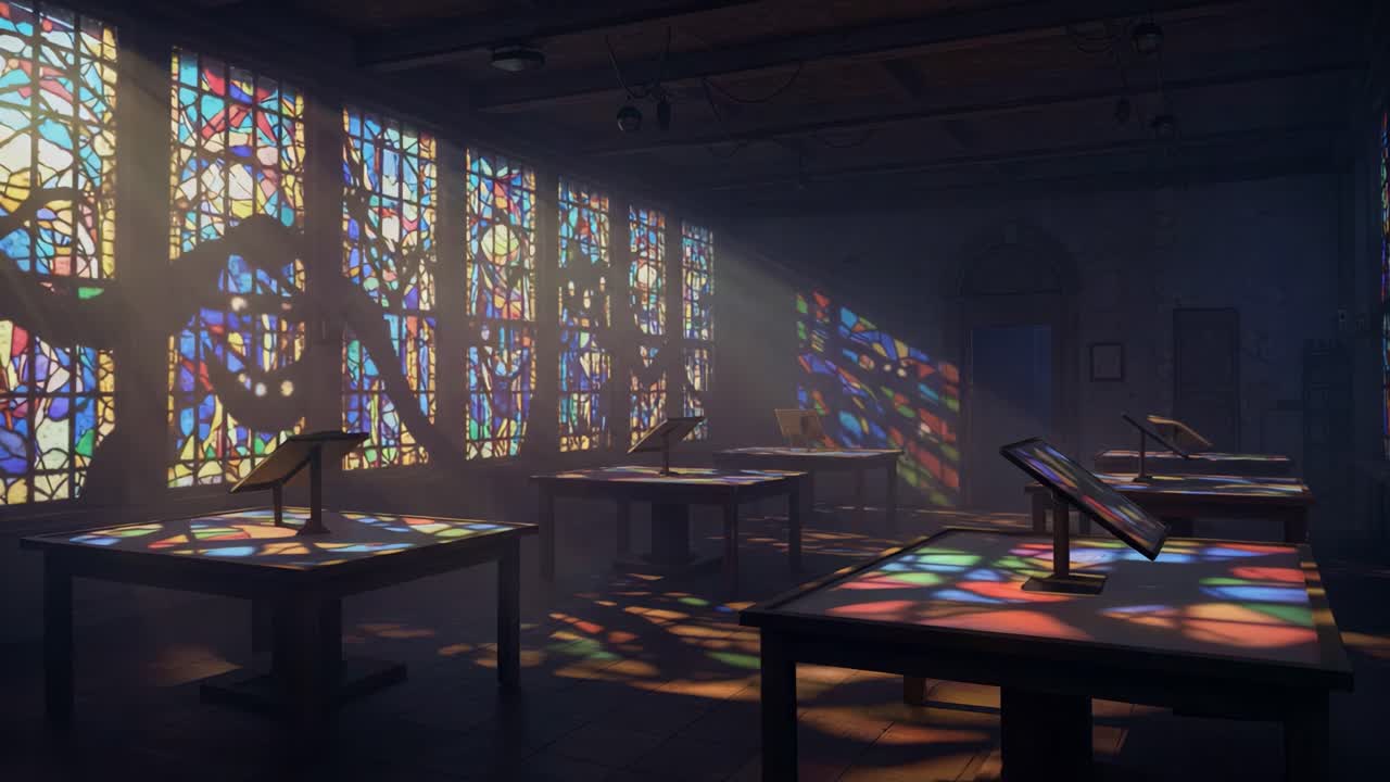 A Serene Room Filled with Colorful Stained Glass Light, Illuminating Tables and Creating Gorgeous Shadows