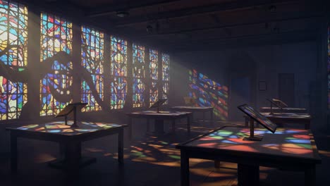 a serene room filled with colorful stained glass light, illuminating tables and creating gorgeous shadows