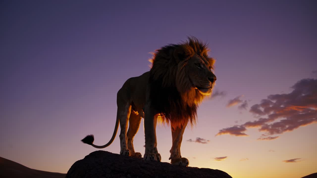 Silhouetted lion on a rock at sunset, captured from a low-angle, creating a dramatic and majestic