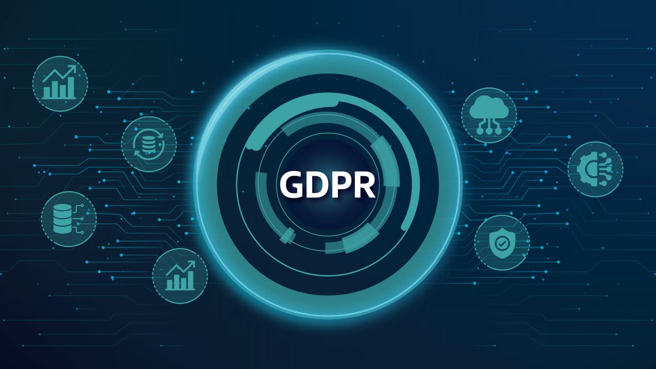 GDPR or General Data Protection Act Regulation Tech Compliance Abstract Art 4k on Blue Neon Background with Various Tech Icons in the Background