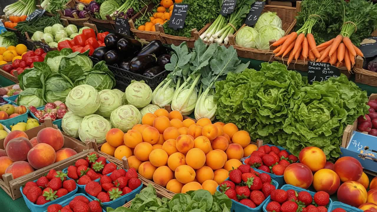 Levende bondemarkedsudstilling, der fremviser et farverigt udvalg af friske frugter og grøntsager, og fremhæver naturens rigelige høst