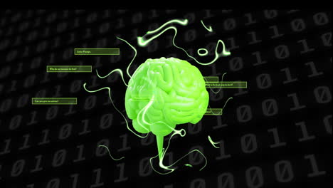 green brain with binary code and text boxes, artificial intelligence animation