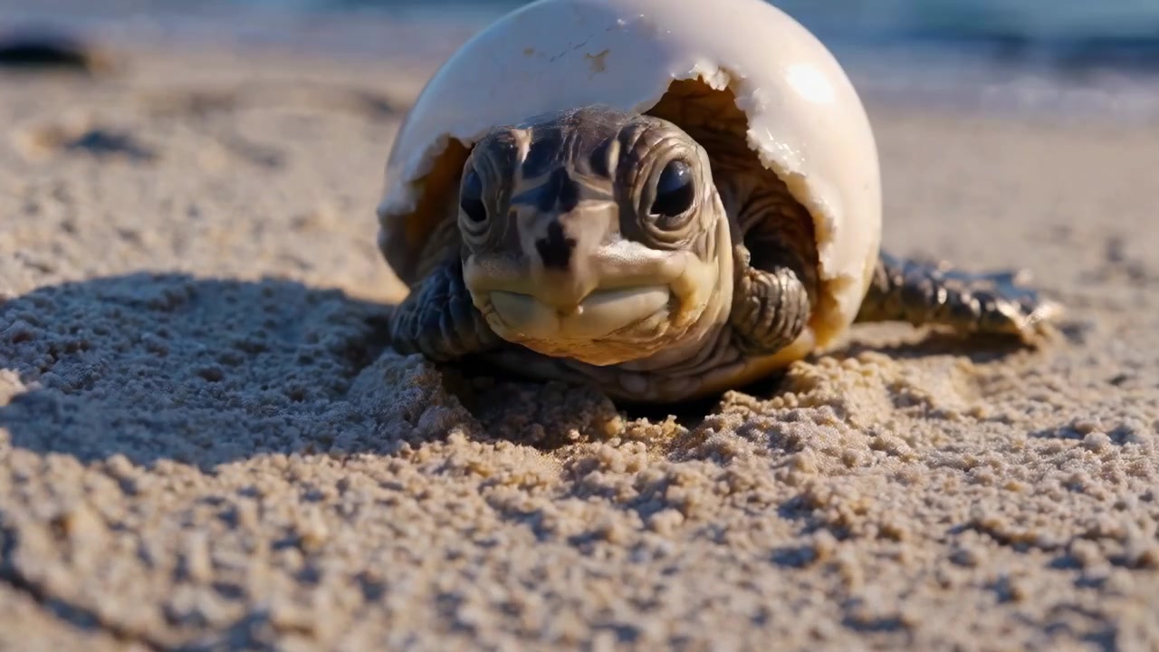 Baby Sea Turtle Hatching from Egg on Sandy Beach