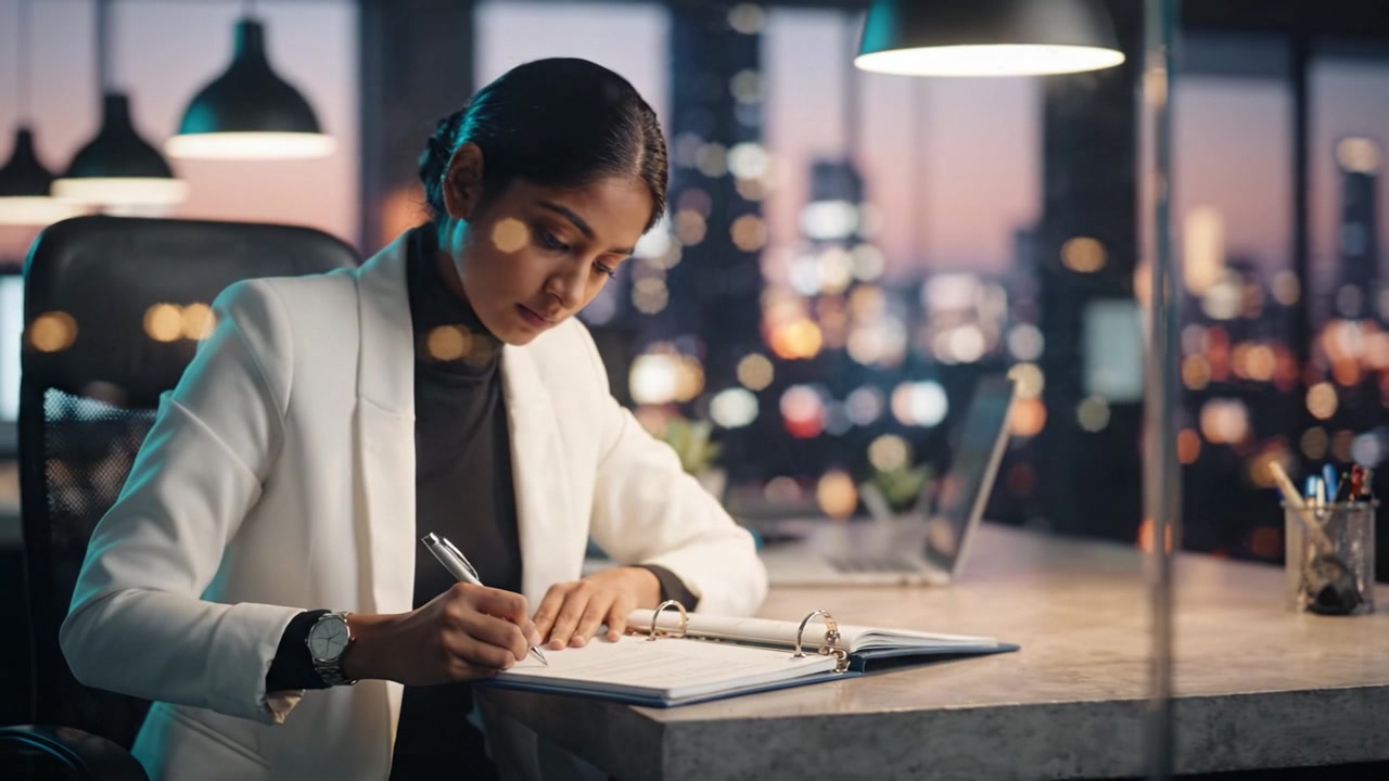 Focused woman in a modern office reviewing treasury policy documents during the evening, highlighting dedication and professionalism in her work environment.