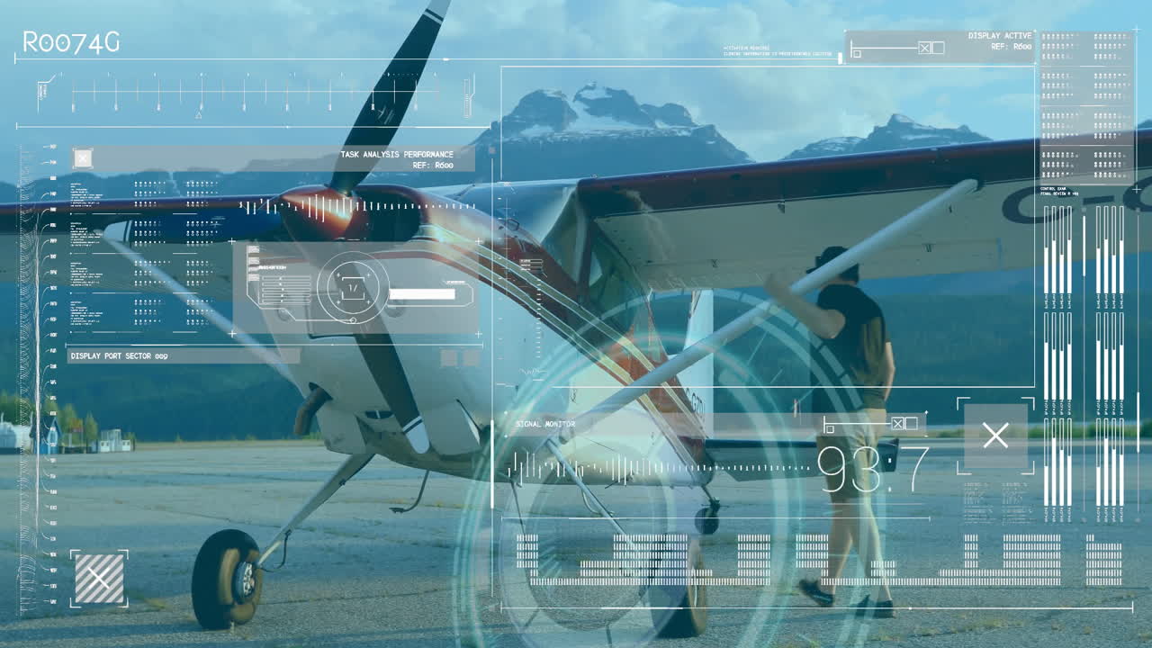 Digital interface overlay showing data and analytics on small aircraft on runway