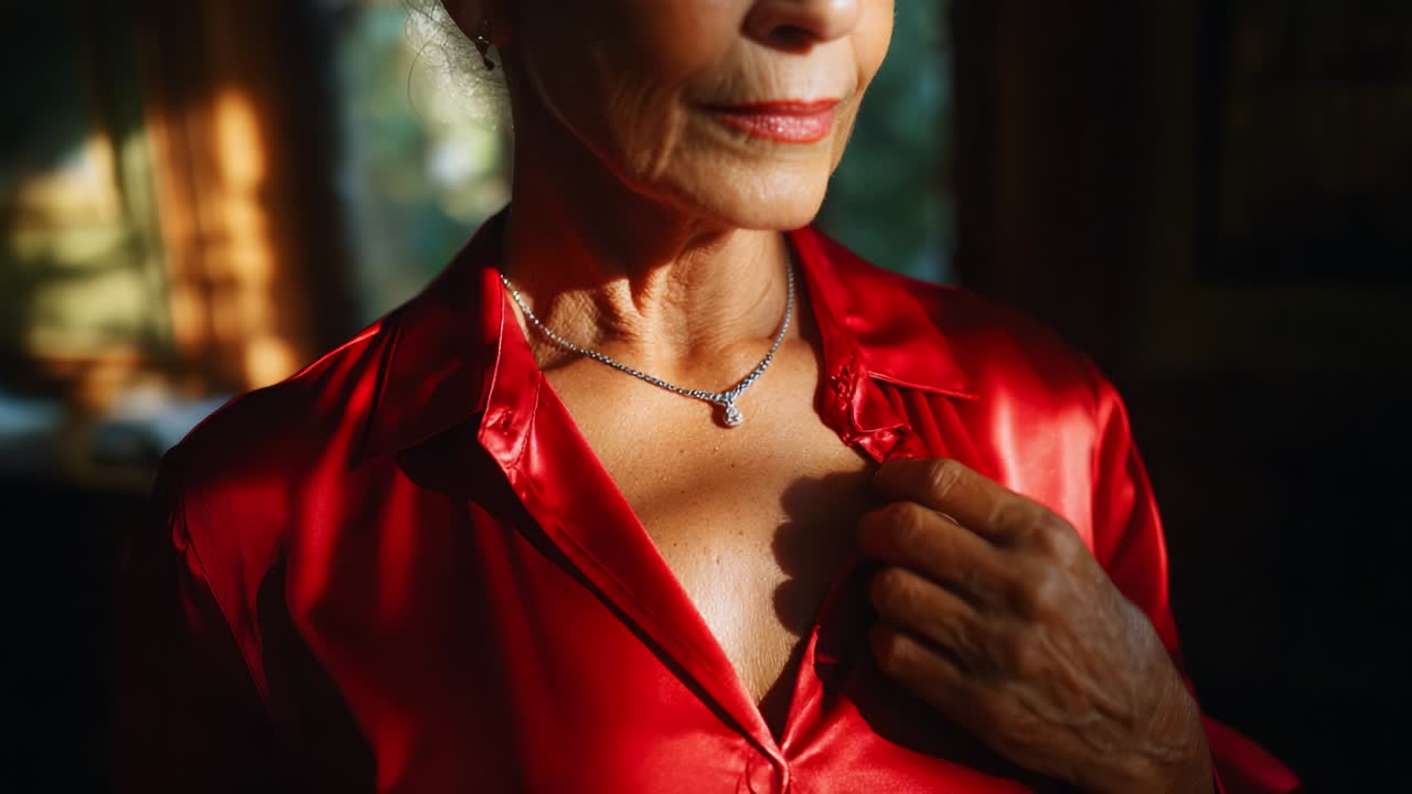 Elegant Mature Woman in Red Satin Shirt Showcases a Beautiful Necklace, Capturing the Essence of Timeless Beauty and Graceful Aging in a Softly Lit Environment