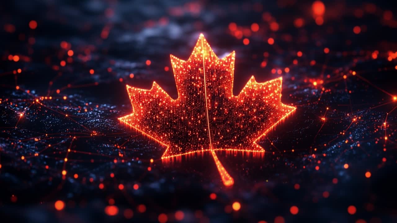 Glowing digital maple leaf. A glowing maple leaf made of bright particles stands out against a dark background filled with light.