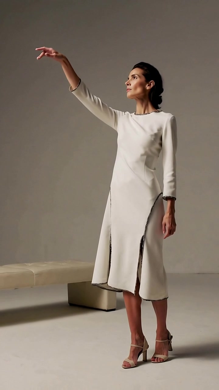 Video verticale: Partendo da una posizione neutra, modella che solleva il braccio destro in studio, mostrando il bordo bianco del vestito