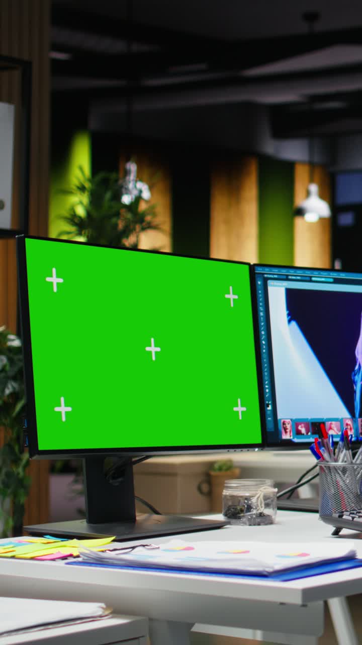 Vertical Video Green screen with male editor adjusting lighting on photos on dual monitors