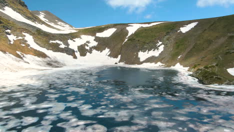 Vista-Aérea-Del-Lago-Congelado-En-Lo-Alto-De-La-Montaña