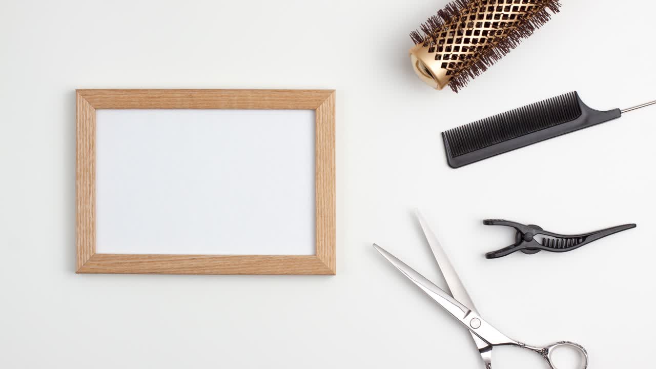 Stop motion animation mockup wooden frame of professional hair cutting shears, gold round hair brush for styling, comb for separating hair and section hair clips template. Hairdresser salon equipment