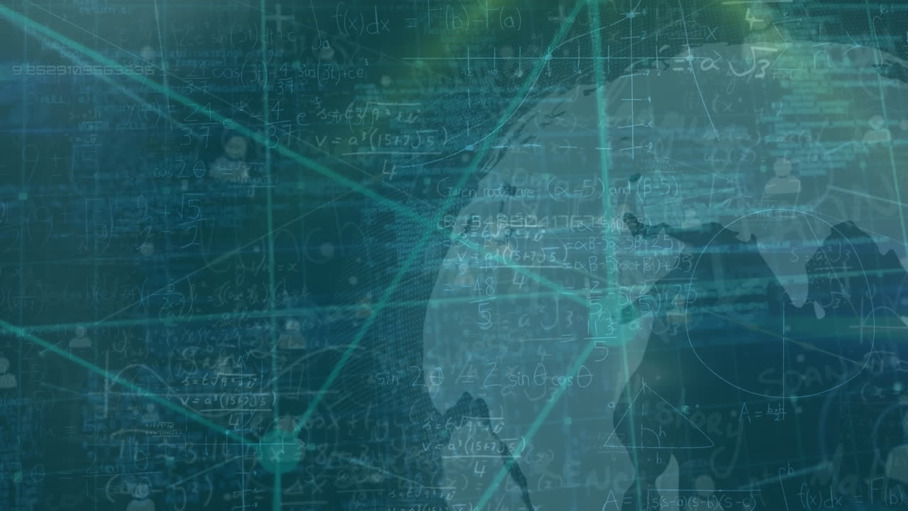Animation of connected icons, cube and globe over mathematical sums and computer language