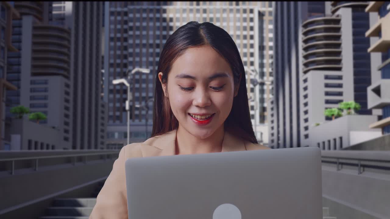 도시 풍경 에서 야외 에서 노트북 을 사용 하는 여자