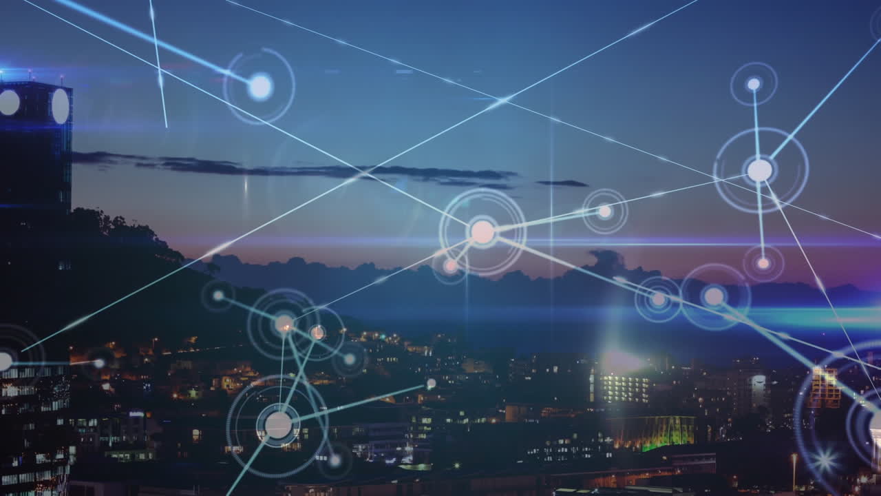 Animation of network of connections and blue light trails against aerial view of cityscape at night